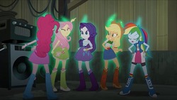 Size: 526x297 | Tagged: safe, screencap, applejack, fluttershy, pinkie pie, rainbow dash, rarity, equestria girls, g4, my little pony equestria girls: rainbow rocks, angry, argument, boots, bracelet, clothes, compression shorts, cowboy boots, cowboy hat, denim skirt, eyes closed, female, hand on hip, hat, high heel boots, humane five, jewelry, rear view, skirt, socks, stetson, turning against each other, wristband