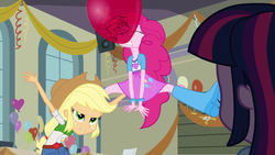 Size: 1920x1080 | Tagged: safe, screencap, applejack, pinkie pie, sunset shimmer, twilight sparkle, equestria girls, g4, my little pony equestria girls, balloon, boot, bracelet, clothes, cowboy hat, denim skirt, eyes closed, hat, jewelry, jumping, skirt, stetson, streamers