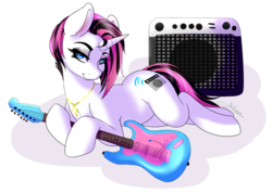 Size: 1280x909 | Tagged: safe, artist:fatcakes, oc, oc only, pony, unicorn, amplifier, guitar, jewelry, lidded eyes, necklace, solo