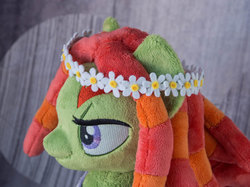 Size: 570x427 | Tagged: safe, artist:valmiiki, tree hugger, earth pony, pony, g4, bust, clothes, dress, female, flower, irl, photo, plushie, portrait, solo, wreath