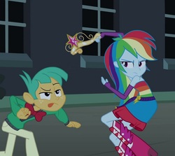 Size: 1047x935 | Tagged: safe, screencap, rainbow dash, snails, equestria girls, g4, my little pony equestria girls, big crown thingy, boots, bowtie, canterlot high, clothes, crown, fall formal outfits, freckles, high heel boots, jacket, jewelry, pants, raised leg, regalia, wings