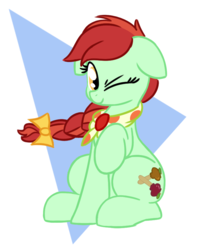 Size: 725x890 | Tagged: safe, artist:masserey, candy apples, earth pony, pony, g4, apple family member, braid, floppy ears, looking at you, neckerchief, one eye closed, raised hoof, sitting, smiling, solo, wink