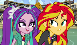 Size: 1500x882 | Tagged: safe, artist:ktd1993, aria blaze, sunset shimmer, equestria girls, g4, canterlot high, clothes, female, jacket, leather jacket, lesbian, library, shipping, sunblaze