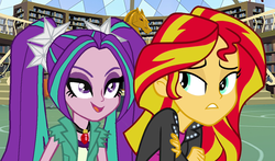 Size: 1500x882 | Tagged: safe, artist:ktd1993, aria blaze, sunset shimmer, equestria girls, g4, canterlot high, clothes, female, jacket, leather jacket, lesbian, library, ship:sunblaze, shipping