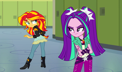 Size: 1000x588 | Tagged: safe, artist:ktd1993, aria blaze, sunset shimmer, equestria girls, g4, boots, canterlot high, clothes, crossed arms, female, hallway, high heel boots, jacket, leather jacket, lesbian, lockers, pants, pendant, ship:sunblaze, shipping