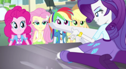 Size: 1062x585 | Tagged: safe, screencap, applejack, fluttershy, pinkie pie, rainbow dash, rarity, equestria girls, g4, my little pony equestria girls: rainbow rocks, player piano, bedroom eyes, boots, bracelet, clothes, drum kit, drums, female, high heel boots, humane five, jewelry, keytar, musical instrument, skirt