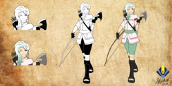 Size: 5950x2975 | Tagged: dead source, safe, artist:penspark, oc, oc only, oc:virtuous arrow, human, absurd resolution, anime, arrow, bow (weapon), bow and arrow, commission, crossover, feet, female, humanized, humanized oc, kunoichi, looking at you, naruto, ninja, smiling, weapon
