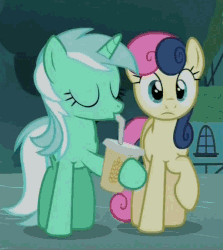 Size: 513x576 | Tagged: safe, screencap, bon bon, lyra heartstrings, sweetie drops, earth pony, pony, g4, magic duel, animated, blinking, cup, drinking, eyes closed, female, gif, hoof hold, loop, oat smoothie, perfect loop, raised hoof, smoothie, straw