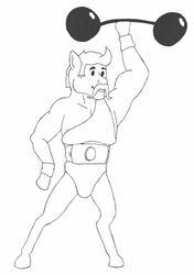 Size: 745x1060 | Tagged: safe, artist:konstantin-kholchev, fallout equestria, fallout equestria: the rovers, black and white, crappy art, facial hair, grayscale, monochrome, moustache, muscles, strong, weights
