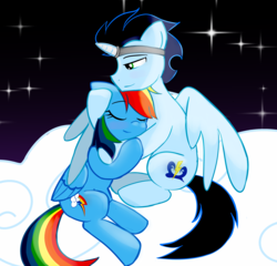 Size: 3656x3513 | Tagged: safe, artist:fuzzette, rainbow dash, soarin', pegasus, pony, fanfic:piercing the heavens, g4, cloud, fanfic art, female, high res, horn, hug, male, night, ship:soarindash, shipping, straight