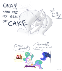 Size: 1175x1350 | Tagged: safe, artist:d-sixzey, princess celestia, princess luna, alicorn, pony, g4, angry, cake, cakelestia, comic, cute, female, food, offscreen character, sketch, text