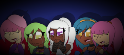 Size: 3975x1779 | Tagged: safe, artist:silenceshadowwolf, indigo zap, lemon zest, sour sweet, sugarcoat, sunny flare, equestria girls, g4, my little pony equestria girls: friendship games, alternate hairstyle, bracelet, collar, covering mouth, crying, dark skin, diversity, eyes closed, goggles, hat, human coloration, jewelry, necklace, sad, shadow five, spiked collar