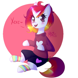 Size: 1024x1024 | Tagged: safe, artist:marisdoodles, oc, oc only, pony, unicorn, abstract background, blushing, clothes, cyrillic, female, laughing, mare, pants, simple background, solo, sweater, white background