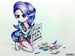 Size: 1854x1390 | Tagged: safe, artist:liaaqila, fluttershy, rainbow dash, starlight glimmer, equestria girls, g4, commission info, female, solo, traditional art