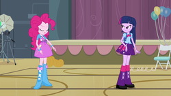 Size: 1539x866 | Tagged: safe, screencap, pinkie pie, twilight sparkle, equestria girls, g4, my little pony equestria girls, backpack, balloon, boots, bowtie, bracelet, camera, chair, clothes, eyes closed, high heel boots, jewelry, leg warmers, pumpkin, shoes, skirt, streamers