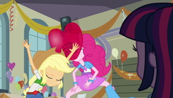 Size: 1539x866 | Tagged: safe, screencap, applejack, pinkie pie, sunset shimmer, twilight sparkle, equestria girls, g4, my little pony equestria girls, balloon, boot, bracelet, clothes, eyes closed, jewelry, skirt, streamers