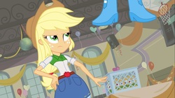 Size: 1100x618 | Tagged: safe, screencap, applejack, pinkie pie, equestria girls, g4, my little pony equestria girls, annoyed, apple cider, balloon, basketball net, boots, cider, crate, disco ball, hand on hip, high heel boots, legs, pictures of legs