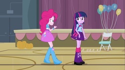 Size: 1100x618 | Tagged: safe, screencap, pinkie pie, twilight sparkle, equestria girls, g4, my little pony equestria girls, backpack, balloon, boots, bowtie, bracelet, chair, clothes, doors, high heel boots, jewelry, leg warmers, pumpkin, raised leg, shoes, skirt, streamers