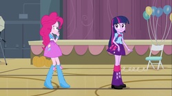 Size: 1100x618 | Tagged: safe, screencap, pinkie pie, twilight sparkle, equestria girls, g4, my little pony equestria girls, backpack, balloon, boots, bowtie, bracelet, camera, chair, clothes, doors, high heel boots, jewelry, leg warmers, pumpkin, raised leg, shoes, skirt