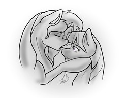 Size: 1280x989 | Tagged: safe, artist:lyx-d, sunset shimmer, twilight sparkle, alicorn, pony, unicorn, g4, cute, eyes closed, female, grayscale, kissing, lesbian, mare, monochrome, shimmerbetes, ship:sunsetsparkle, shipping, smiling, twiabetes, twilight sparkle (alicorn)