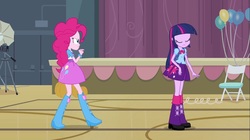 Size: 1100x618 | Tagged: safe, screencap, pinkie pie, twilight sparkle, equestria girls, g4, my little pony equestria girls, backpack, balloon, boots, bowtie, bracelet, camera, chair, clothes, doors, eyes closed, high heel boots, jewelry, leg warmers, pumpkin, raised leg, shoes, skirt, streamers
