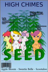 Size: 1200x1800 | Tagged: safe, artist:planetkiller, apple bloom, scootaloo, sweetie belle, oc, oc:high wind chimes, earth pony, pegasus, pony, unicorn, comic:seed, g4, cutie mark crusaders, drugs, looking at you, magazine cover, marijuana, serious, serious face, shrunken pupils, text, title page