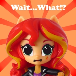 Size: 567x567 | Tagged: safe, artist:whatthehell!?, edit, sunset shimmer, equestria girls, g4, doll, equestria girls minis, eqventures of the minis, irl, parody, photo, shocked, sunburst background, toy