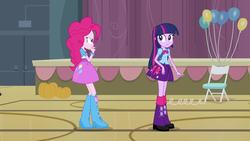 Size: 1920x1080 | Tagged: safe, screencap, pinkie pie, twilight sparkle, equestria girls, g4, my little pony equestria girls, backpack, balloon, boots, bowtie, bracelet, chair, clothes, doors, high heel boots, jewelry, leg warmers, pumpkin, raised leg, shoes, skirt