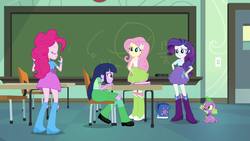 Size: 1920x1080 | Tagged: safe, screencap, fluttershy, pinkie pie, rarity, spike, twilight sparkle, dog, equestria girls, g4, my little pony equestria girls, backpack, boots, bracelet, chair, chalkboard, classroom, clothes, cutie mark, door, eyes closed, hand on hip, high heel boots, incomplete twilight strong, jewelry, leg warmers, skirt, socks, spike the dog, table