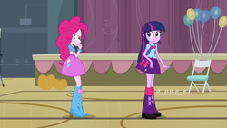 Size: 1539x866 | Tagged: safe, screencap, pinkie pie, twilight sparkle, equestria girls, g4, my little pony equestria girls, backpack, balloon, boots, bowtie, bracelet, chair, clothes, doors, high heel boots, jewelry, leg warmers, pumpkin, skirt, streamers