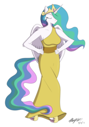 Size: 1024x1461 | Tagged: safe, artist:sketchychangeling, princess celestia, alicorn, anthro, unguligrade anthro, g4, clothes, crown, dress, eyes closed, female, jewelry, regalia, simple background, solo, transparent background