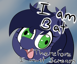 Size: 1500x1250 | Tagged: safe, artist:caduceus, artist:caduceusart, oc, oc only, oc:halfmoon, bat pony, pony, derp, fangs, female, funny, gradient background, head, i have no mouth and i must scream, open mouth, smiling, solo, text