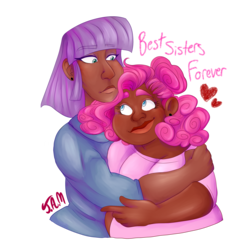 Size: 2500x2500 | Tagged: safe, artist:ihasjessie-kat, maud pie, pinkie pie, human, g4, chubby, clothes, dark skin, duo, high res, hug, humanized, simple background, sisters, smiling, transparent background
