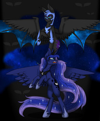 Size: 5000x6000 | Tagged: safe, artist:laedyblu, nightmare moon, princess luna, alicorn, pony, g4, absurd resolution, duality, fangs, flying, rearing