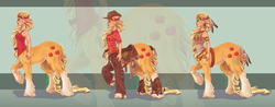 Size: 1024x403 | Tagged: safe, artist:joan-grace, applejack, centaur, g4, centaurjack, chaps, clothes, female, native american, saddle, shirt, solo, species swap, tack, tribal, unshorn fetlocks, zoom layer