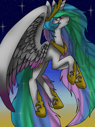 Size: 1200x1600 | Tagged: safe, artist:laedyblu, princess celestia, alicorn, pony, g4, crown, female, flying, jewelry, peytral, regalia, sad, solo