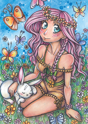 Size: 848x1200 | Tagged: safe, artist:holy-yume, angel bunny, fluttershy, butterfly, human, g4, blushing, clothes, floral head wreath, flower, hippieshy, humanized, light skin, meadow, off shoulder, shorts, sitting, tank top, traditional art