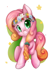 Size: 800x1100 | Tagged: safe, artist:pingwinowa, oc, oc only, earth pony, pony, cute, floral head wreath, flower, ocbetes, raised hoof, simple background, smiling, solo, transparent background