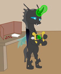 Size: 2500x2989 | Tagged: safe, artist:glacierfrostclaw, oc, oc only, oc:tinny voice, changeling, bipedal, dice, dungeons and dragons, female, high res, jewelry, lidded eyes, lyre, magic, mare, musical instrument, pendant, smiling, solo, standing up, table