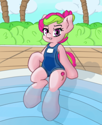 Size: 880x1080 | Tagged: safe, artist:rockset, derpibooru exclusive, oc, oc only, oc:tulip star, clothes, cutie mark, looking at you, one-piece swimsuit, palm tree, raised hoof, sitting, solo, swimming pool, swimsuit, tree