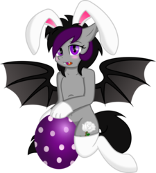 Size: 847x943 | Tagged: safe, artist:kamyk962, oc, oc only, oc:lunar flower, bat pony, semi-anthro, belly, belly button, blushing, bunny ears, clothes, cute, easter, egg, fangs, female, kneeling, mare, socks, solo, spread wings, wings