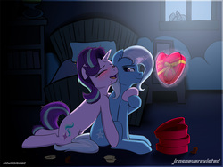Size: 800x600 | Tagged: safe, artist:jcosneverexisted, starlight glimmer, trixie, pony, unicorn, g4, bed, bedroom, blushing, box of chocolates, dishevelled, drunk, drunklight glimmer, duo, female, heart, lesbian, looking back, mare, night, ship:startrix, shipping, smiling