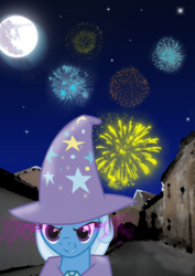 Size: 3508x4961 | Tagged: safe, artist:iyabrony, trixie, pony, unicorn, g4, absurd resolution, clothes, evil smile, female, fireworks, grin, hat, mare, smiling, trixie's hat