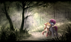 Size: 1280x763 | Tagged: safe, artist:breakdream, oc, oc only, commission, crepuscular rays, eyes closed, female, forest, male, oc x oc, scenery, shipping, straight, ych result