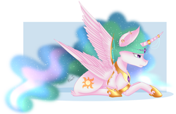 Size: 3850x2500 | Tagged: safe, artist:zombiecupcake101, princess celestia, alicorn, pony, g4, female, high res, jewelry, mare, prone, regalia, simple background, solo