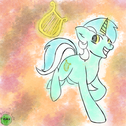 Size: 3000x3000 | Tagged: safe, artist:yurka86rus, lyra heartstrings, pony, unicorn, g4, abstract background, female, grin, high res, horn, lyre, magic, magic aura, smiling, solo, telekinesis