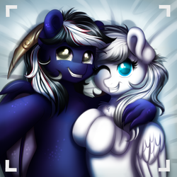 Size: 2000x2000 | Tagged: safe, artist:confetticakez, oc, oc only, dracony, hybrid, pegasus, pony, camera, camera shot, colored pupils, commission, cute, duo, female, high res, looking at you, male, mare, ocbetes, one eye closed, selfie, smiling, stallion
