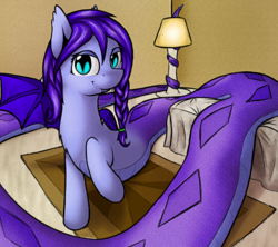 Size: 4320x3840 | Tagged: safe, artist:ampderg, oc, oc only, oc:amplitude, bat pony, lamia, original species, absurd resolution, bed, bedroom, braid, cute, female, impossibly long tail, lamp, long tail, perspective, rug, slit pupils, solo