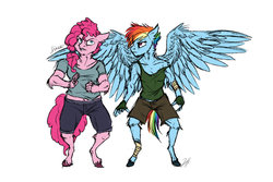 Size: 1024x683 | Tagged: safe, artist:shimazun, pinkie pie, rainbow dash, earth pony, pegasus, anthro, unguligrade anthro, g4, clothes, colored sketch, duo, female, fluffy, mare, spread wings, tough, wings