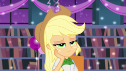 Size: 1280x720 | Tagged: safe, screencap, applejack, equestria girls, g4, my little pony equestria girls: rainbow rocks, shake your tail, applejack's hat, book, bookshelf, bored, clothes, cowboy hat, female, freckles, hat, lidded eyes, solo, stetson